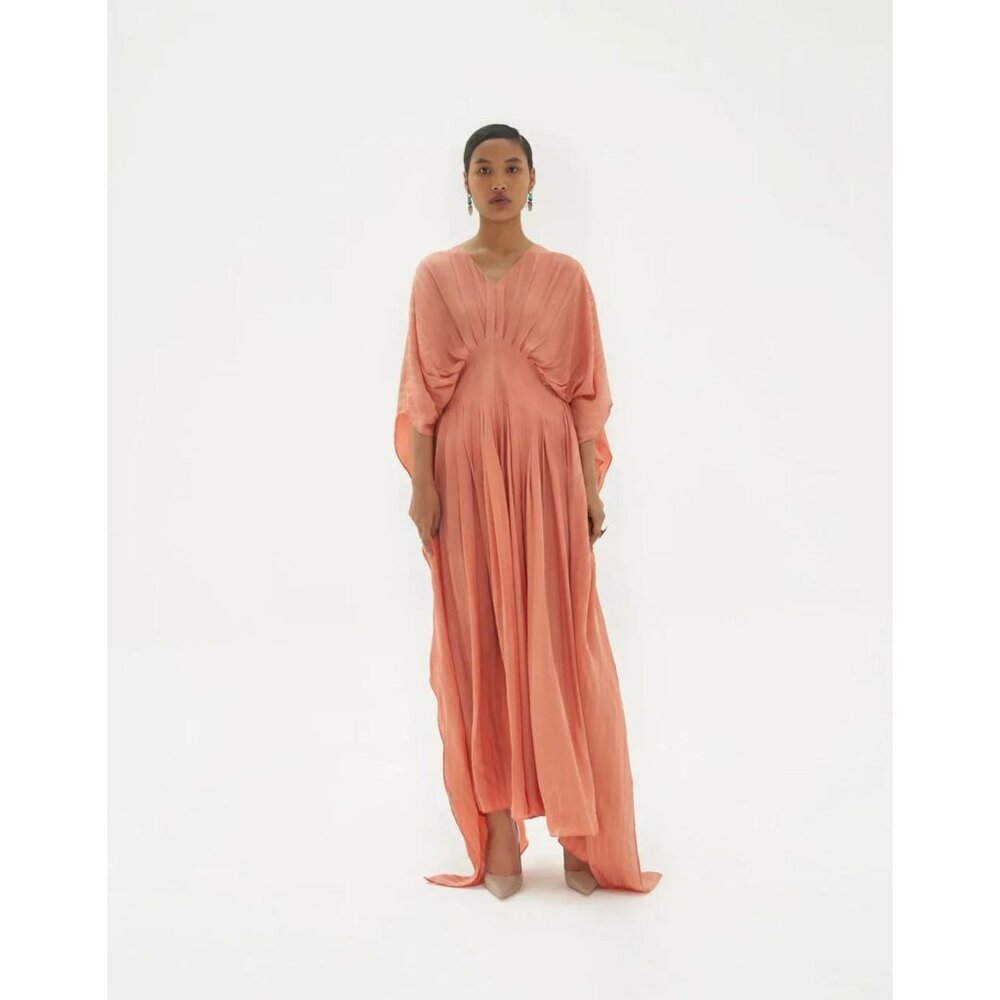 Peach Flowing Draped Maxi Dress – Elegant Evening Wear